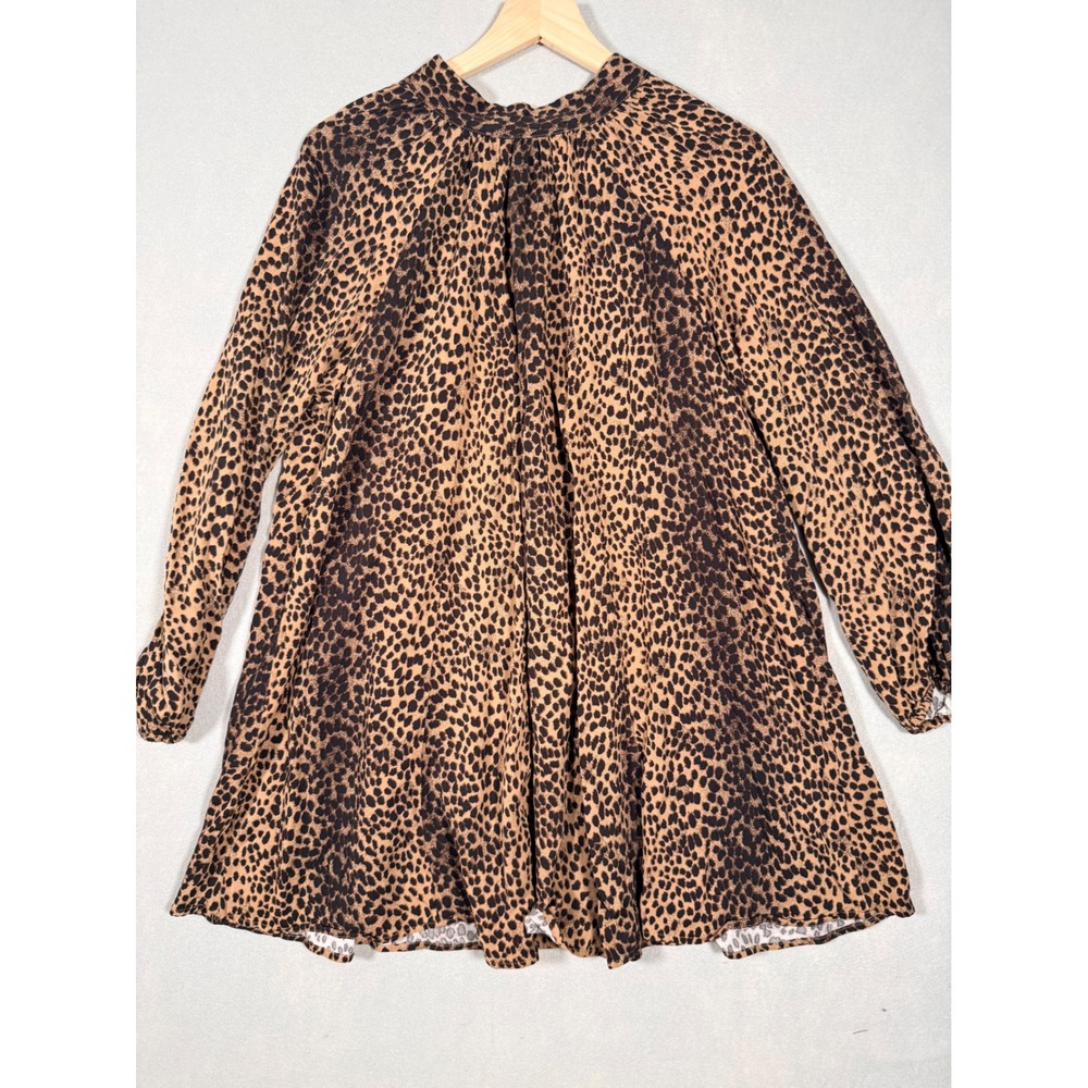 H&M Women Brown Leopard Print Mock Neck Long Sleeve Flowy Tunic Dress Size 0
